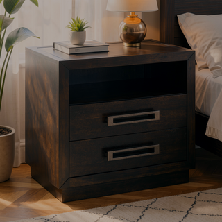 Sunvega Modern Charcoal Finish Nightstand with Glass Top and LED Lighting