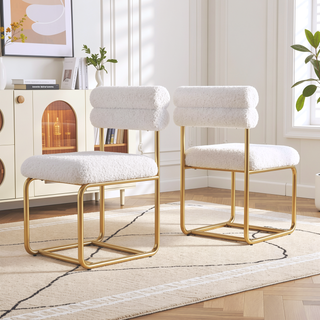 Sunvega Set of Two White Teddy Plush Dining Chairs with Golden Wrought Iron Legs