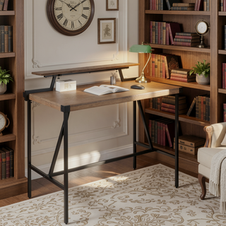 Sunvega Industrial Black Metal and Brown Wood-Pressed Grain Bamboo Counter Table
