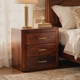 Sunvega Luca Dark Brown Chestnut Nightstand with 3 Drawers and Gold Knobs