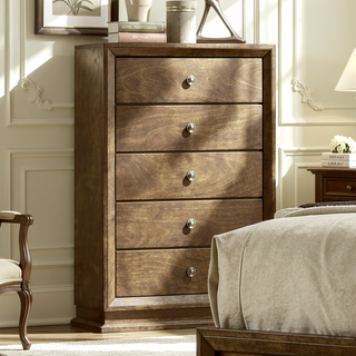 Sunvega Transitional Walnut Finish Chest with 5 English Dovetail Drawers and Metal Knobs