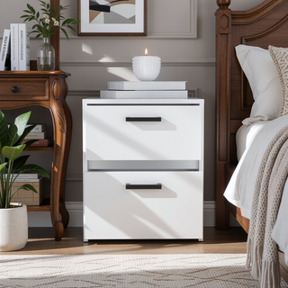Sunvega White Finish Chequered Nightstand with Two Spacious Drawers