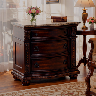 Sunvega Traditional Brown Cherry Finish Marble Top Three Drawer Nightstand
