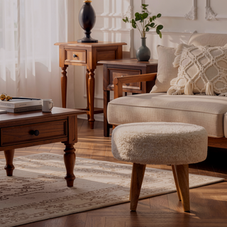 Sunvega Solid Mango Wood Legs with Cream Boucle Upholstered Petite Footstool