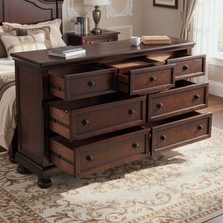 Sunvega Brown Cherry Finish Birch Veneer Nightstand with 2 Dovetail Drawers and Bun Feet