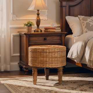 Sunvega Handcrafted Brown Solid Wood Regency Round Woven Stool