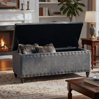 Sunvega Dark Brown Birch Legs Storage Ottoman with Light Assembly Required