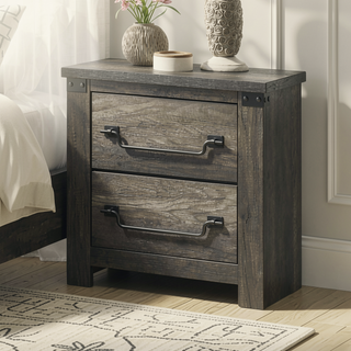 Sunvega Rustic Gray Farmhouse Nightstand with Antique Brass Drop Handles and 2 Drawers