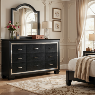 Sunvega Silver Faux Alligator Embossed Nightstand with 2 Dovetail Drawers and LED Lighting