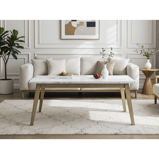 Sunvega White Marble Top Dining Table with Canted Wood Legs Mid-Century Modern