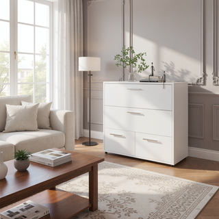 Sunvega Sleek White Finish Dresser with 4 Spacious Drawers for Bedroom