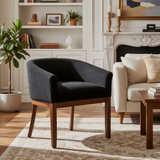 Sunvega Mid Century Modern Upholstered Barrel Dining Chair with Arms and Natural Hardwood Frame