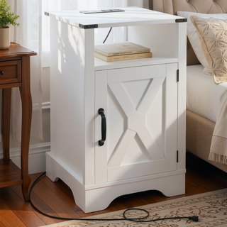 Sunvega White Oak Farmhouse Nightstand with Charging Station and Ample Storage