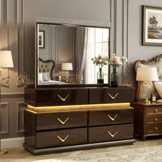 Sunvega Modern Brown Dresser with LED Lights and Six Spacious Drawers