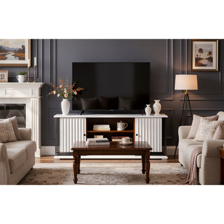 Sunvega White Nightstand with LED Lighting Diamond Pattern Accents and Two Textured Drawers