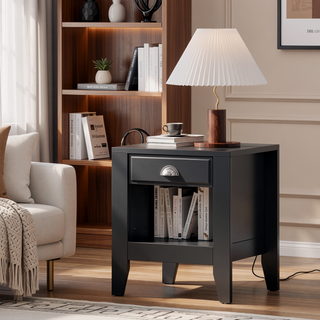 Sunvega Modern Mid Century Nightstand with Drawer and Open Storage Shelf