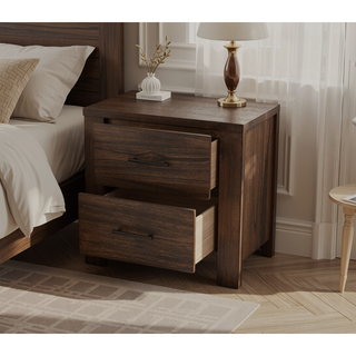 Sunvega Oak Finish Contemporary Wooden Bedside Table with 2 Drawers Storage
