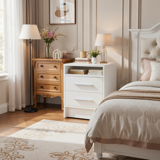 Sunvega White 2-Drawer Nightstand with Open Shelf for Small Bedroom Spaces