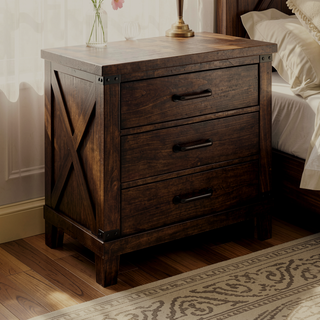 Sunvega Rustic Style Dark Walnut Finish Solid Wood Nightstand with 3 Drawers