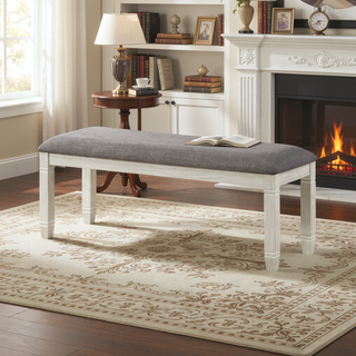 Sunvega Antique White Finish Wooden Bench with Gray Textured Fabric Upholstered Seat