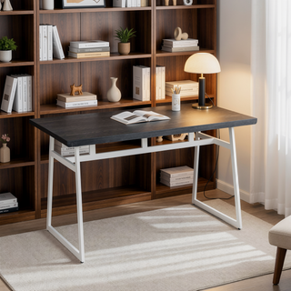 Sunvega Industrial Dining Table with Vintage White Metal Frame and Espresso Wood Top