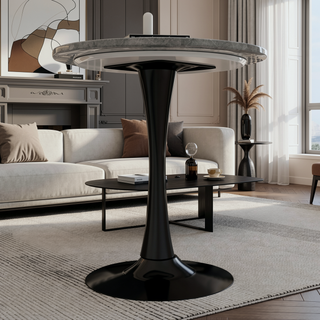 Sunvega Round White Pedestal Side Table with Marble Effect Top for Living Room