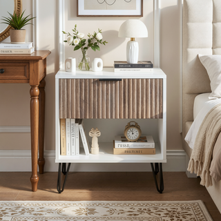 Sunvega Modern Glam Nightstand with Gold Metal Legs and Textured Drawer