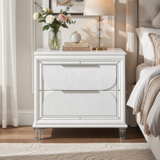 Sunvega Modern Pearl White Finish Nightstand with Large Storage Drawers and Acrylic Legs