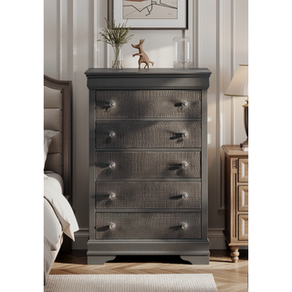 Sunvega Modern Metallic Gray Wood 5-Drawer Chest with Textured Surface and Crystal Knobs
