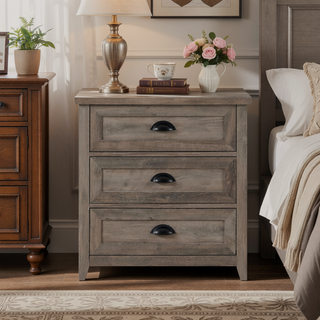Sunvega Transitional Farmhouse 3-Drawer Nightstand with Cup Handles and Framed Door