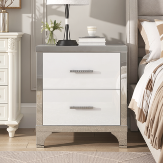 Sunvega High Gloss White Nightstand with 2 Drawers and Metal Handle for Bedroom