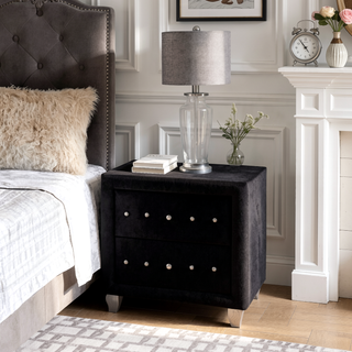 Sunvega Black Velvet Nightstand with Crystal Knobs and Two Drawers