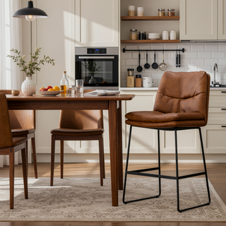 Sunvega Camel Brown Vegan Faux Leather Upholstered Counter Height Stool Set of 2