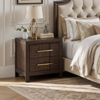 Sunvega Modern Walnut 2-Drawer Nightstand with Gold Handles for Bedroom