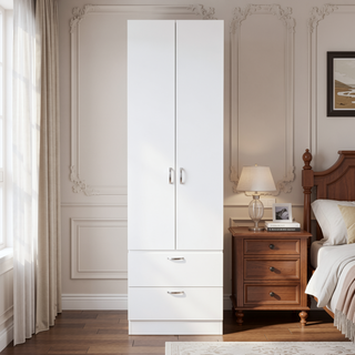 Sunvega Modern White Wardrobe with Hanging Rod, 2 Drawers and Storage Shelf