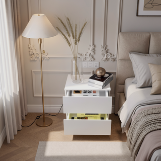 Sunvega White High Glossy Modern Nightstand with 2 Drawers and RGB LED Light