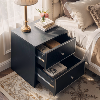 Sunvega Modern Black and Silver 2-Drawer Nightstand with Smooth Metal Glides