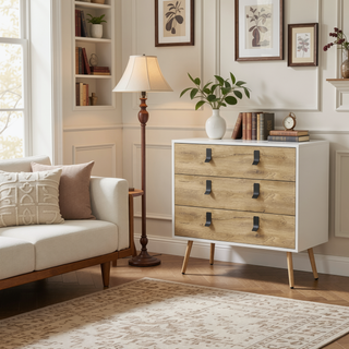 Sunvega White and Macadamia 3-Drawer Dresser with Contemporary Metal Handles and Wooden Legs