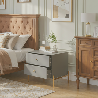 Sunvega Modern Nightstand in Off White with Two Full Extension Drawers