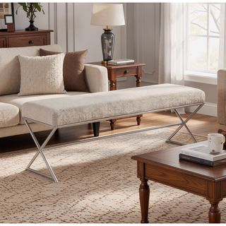 Sunvega Beige Tufted Upholstered Bench with Plush Cushioned Seat and Champagne Metal Legs