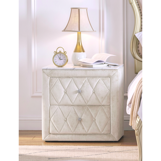 Sunvega Modern Ivory Upholstery Fabric Nightstand with Faux Marble Top