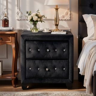 Sunvega Cream Velvet Upholstered Nightstand with Crystal Tufted Design and Two Drawers