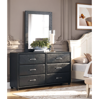 Sunvega Black Faux Leather Nightstand with Two Drawers and Silver Bar Pulls