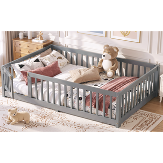 Sunvega Twin Size Floor Bed with Safety Guardrails and Door for Kids in Natural