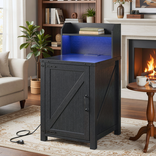 Sunvega Farmhouse Nightstand with Charging Station and Adjustable Shelf for Living Room Bedroom