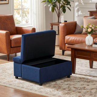 Sunvega Dark Blue Velvet Tufted Solid Wood Lift Top Storage Bench with Pull-out Ottoman