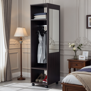 Sunvega Benson Wardrobe with Mirror and Open Storage on Wheels for Bedroom
