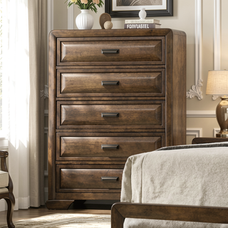Sunvega Transitional Brown Wood Chest with English Dovetail Drawers and Bronze Cup Pulls