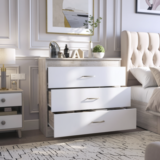 Sunvega Melia Three Drawer Dresser with Metal Hardware in Light Gray and White