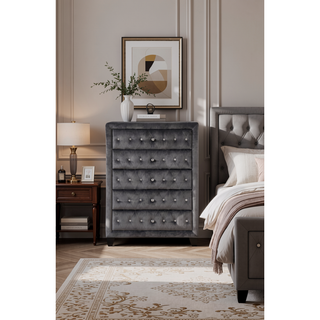 Sunvega Sophia Cream Velvet Upholstered Crystal Tufted 5-Drawer Chest for Bedroom